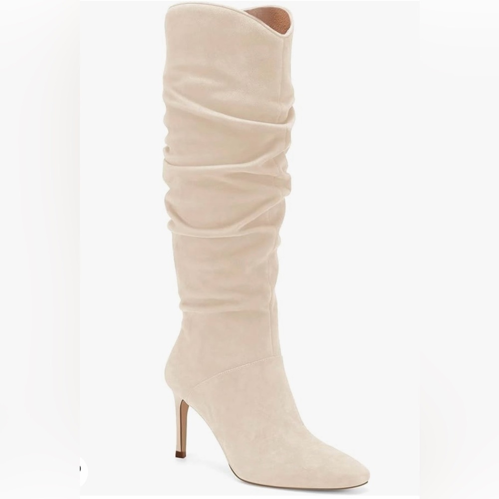 Women Knee High, Faux Suede Almond Toe Stiletto High Heel Side Zipper Boots